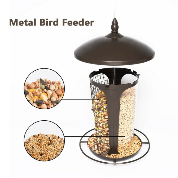 KoiLife Hanging Bird Feeder Metal Bird Feeder Squirrel Proof Bird Feeders Balcony Bird Feeder Bird Food Container 14" Brown 2‑in‑1 Hanging Auto‑Dispensing Bird Feeder for Outdoor Garden Patio