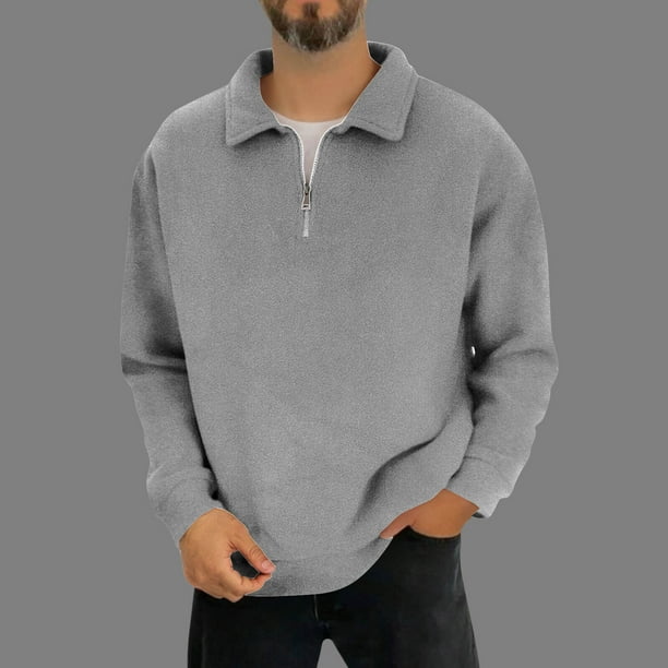 pstuiky camisa de manga larga para hombre, Blusas casuales de color liso con cuello plegable y cremallera para hombre, de manga larga camisetas de hombre l