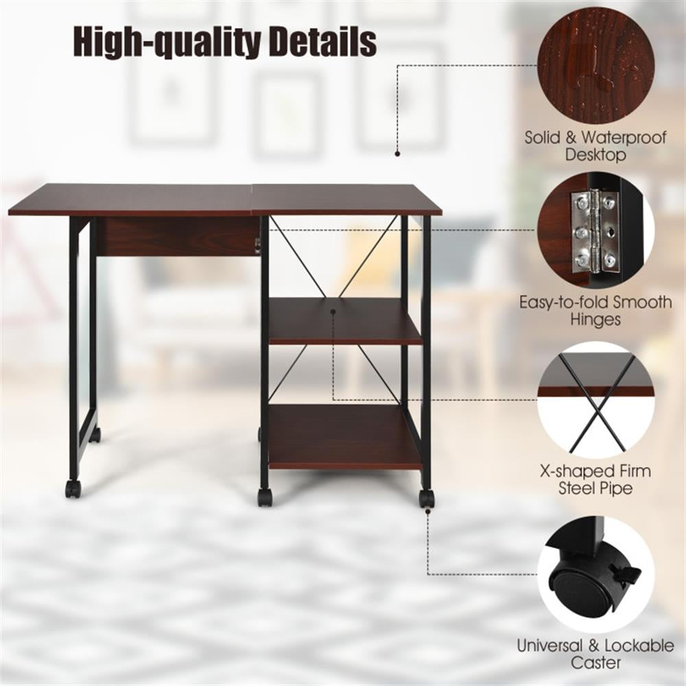 Demi Bonn Folding Writing Office Desk with Storage Shelves, Small Home Computer Desk Study Gaming Table, Brown