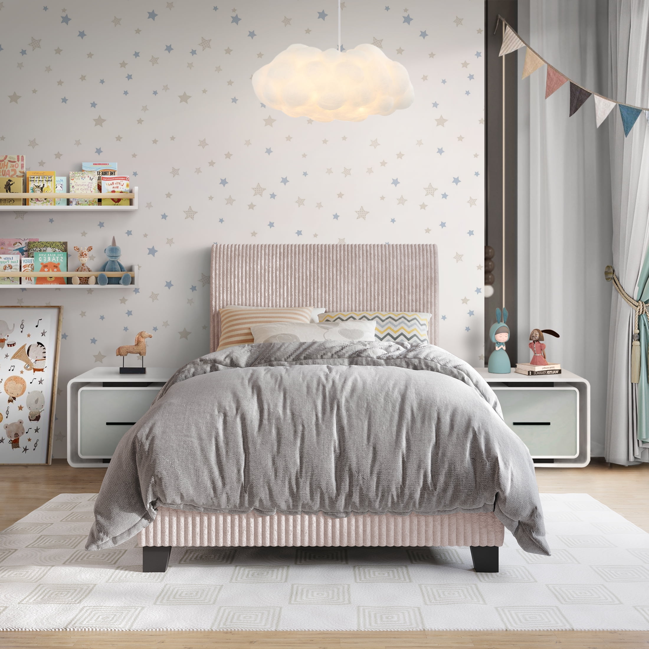 Castle Place Chic Corduroy Velvet Upholstered Twin Bed, Light Pink