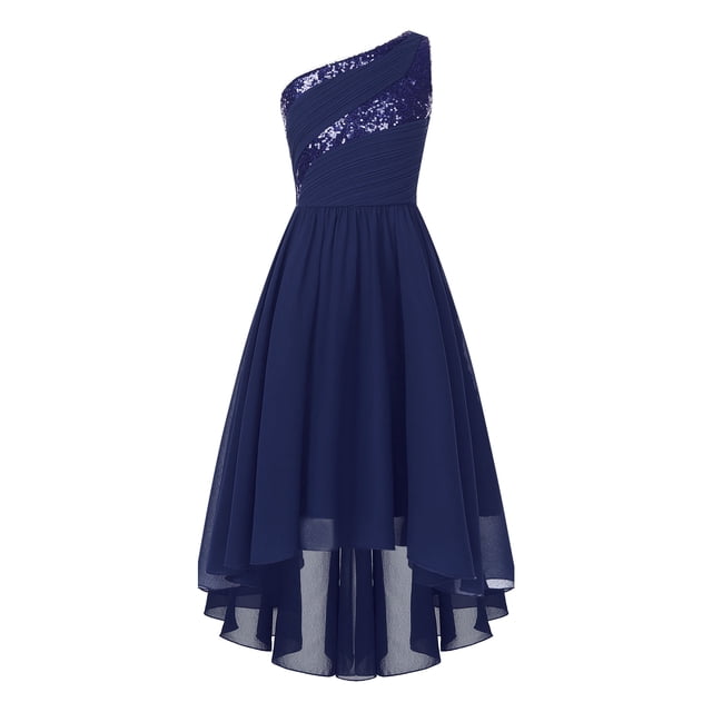 RUNQHUI Robe Formelle à une Épaule pour Filles, Ourlet Haut-Bas, Robe de Bal Princesse, Bleu Marine 8