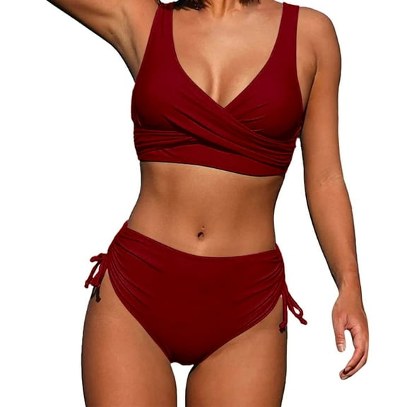 Yuanlook Bikini Sets for Women Solid Color Two Piece Swimsuit Crisscross Bathing Suits Side Drawstring Bottoms Swimwear,Wine,M