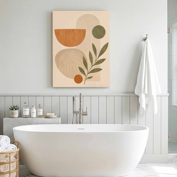 Abstract Beige Terracotta Canvas Wall Art for Living Room Bedroom Bathroom, Boho Minimalist Half Circle Leaf Botanical Canvas Art Wall Decor, Artwork for Walls Home Office Decor, 24"x32"