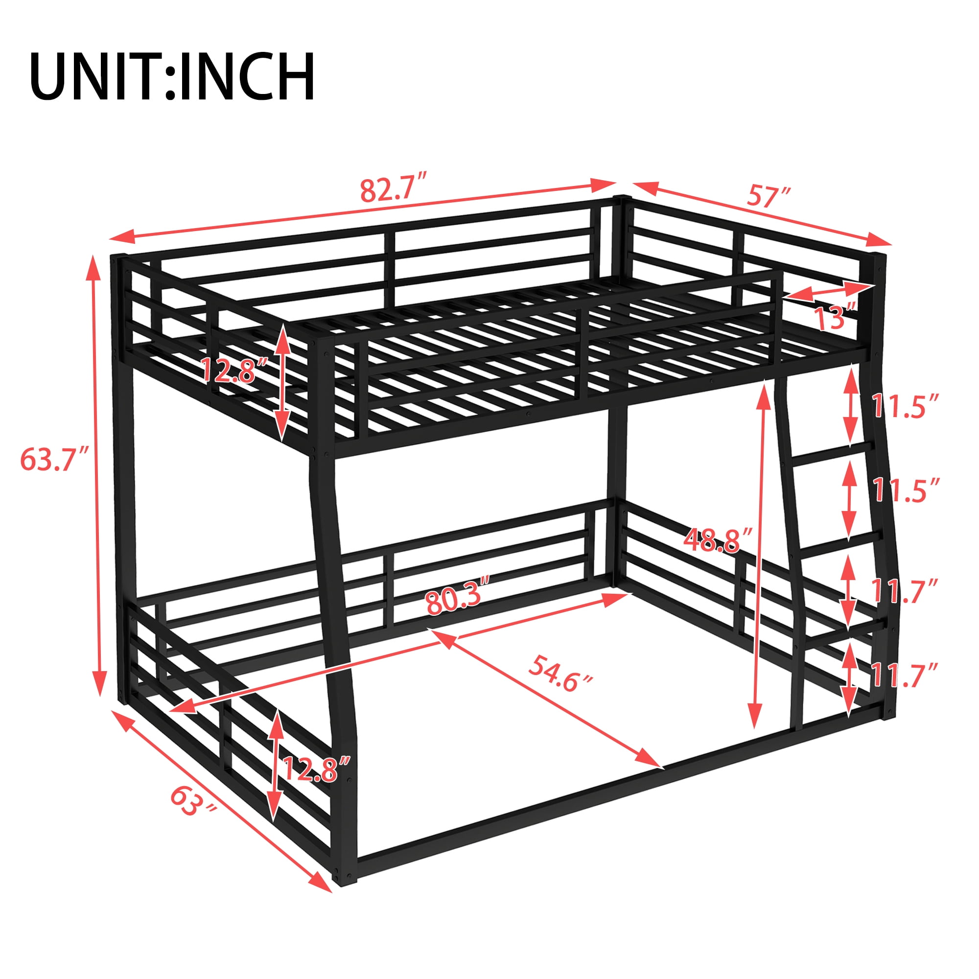 Leumius Metal Bunk Bed,Full XL over Queen Floor Bunk Bed Frame for Kids/Teens/Adults,Space-Saving/Noise Reduced/No Box Spring Needed,Black