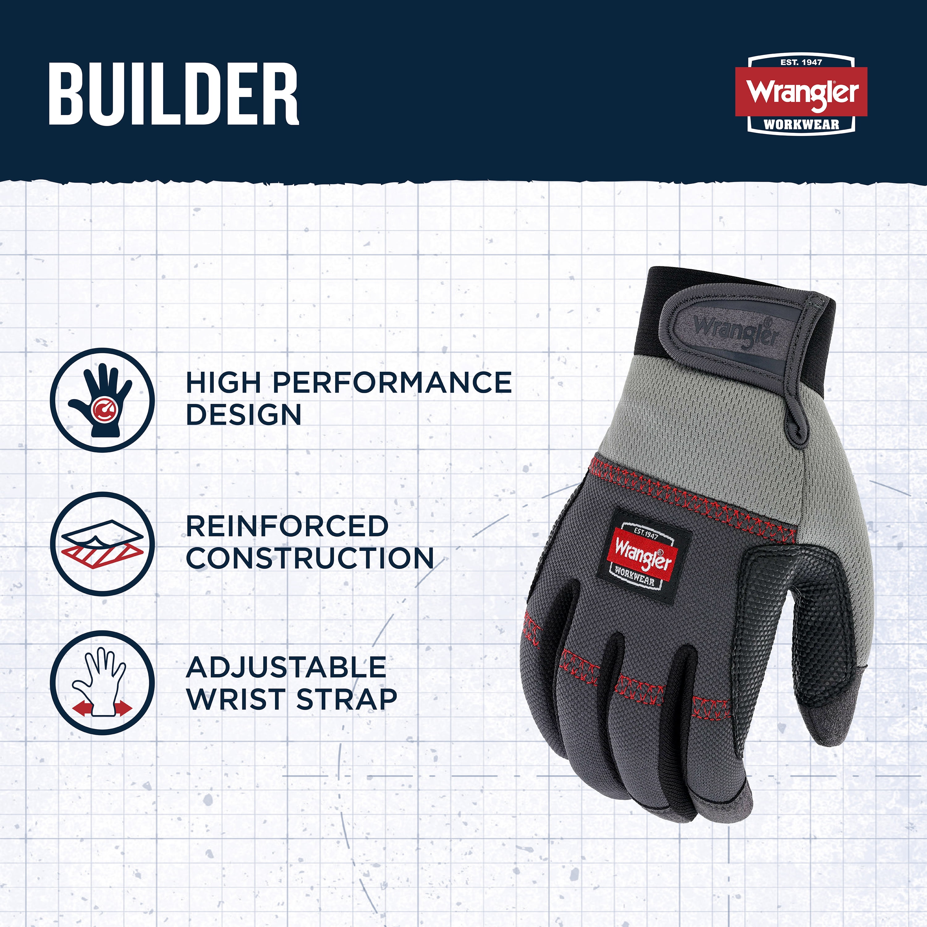 Wrangler Men’s Builder Work Gloves – Large, Synthetic Leather Palm Glove, Reinforced Grip, Breathable