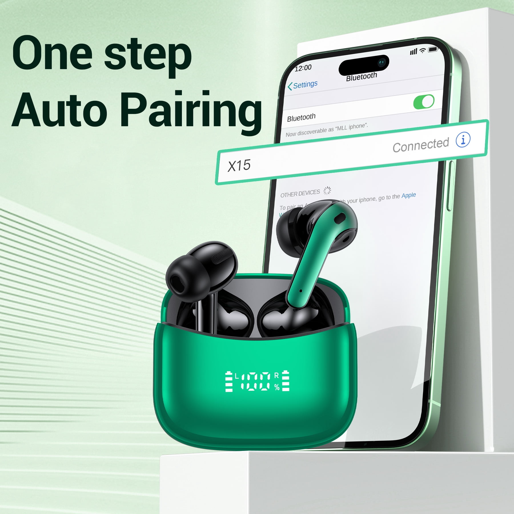 VEATOOL X15 Wireless Earbuds Bluetooth 5.3 Headphones,72H Hi-Fi Stereo Deep Bass Earphones with Noise Cancelling Mic IP7 Waterproof Sport Headset with LED Power Display for Laptop Pad Phones