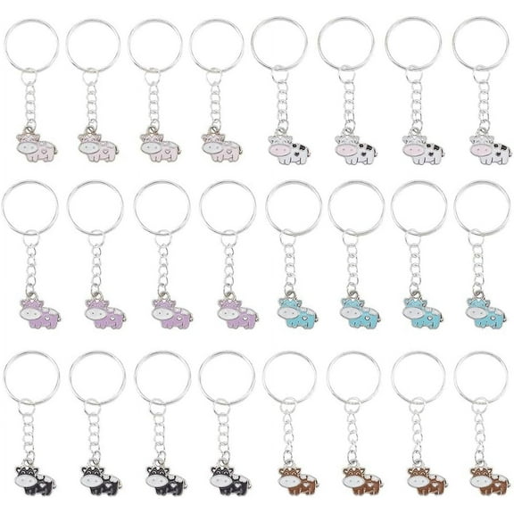 6 Colors 24Pcs Cow Enamel Keychains Cute Animal Key Chain Pendant Key Ring Decoration Keychain Accessories for Women Purse Car Earphone Bag Wallet Backpack Decorations Party Bulk Light Khaki
