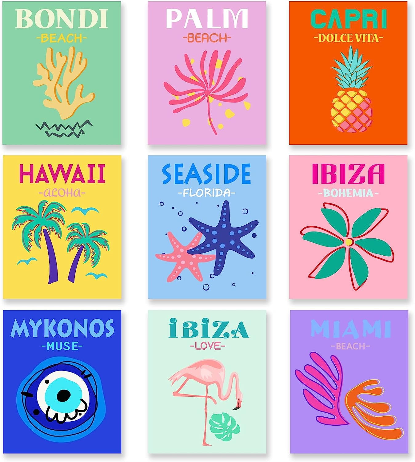 9 PCS Color Aesthetics Wall Art Prints Wall Decor Beach Scenery ...