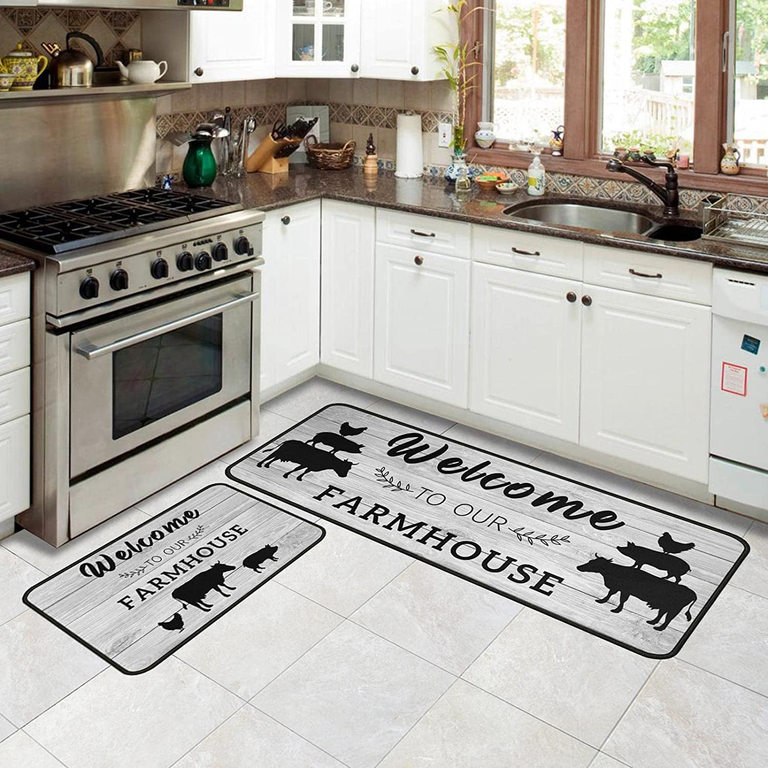 Grateful Thankful Blessed Kitchen Set of 2 Grey NonSlip Kitchen Rug