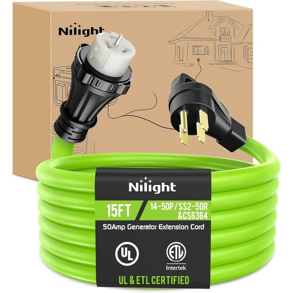 Nilight 15FT 50 Amp Generator Extension Cord 250V Heavy Duty 6/3 8/1 Gauge Pure Copper STW Wire ETL Listed 4 Prong 14-50P SS2-50R&CS6364 Suit for RV Camper Outdoor Use Bright Green