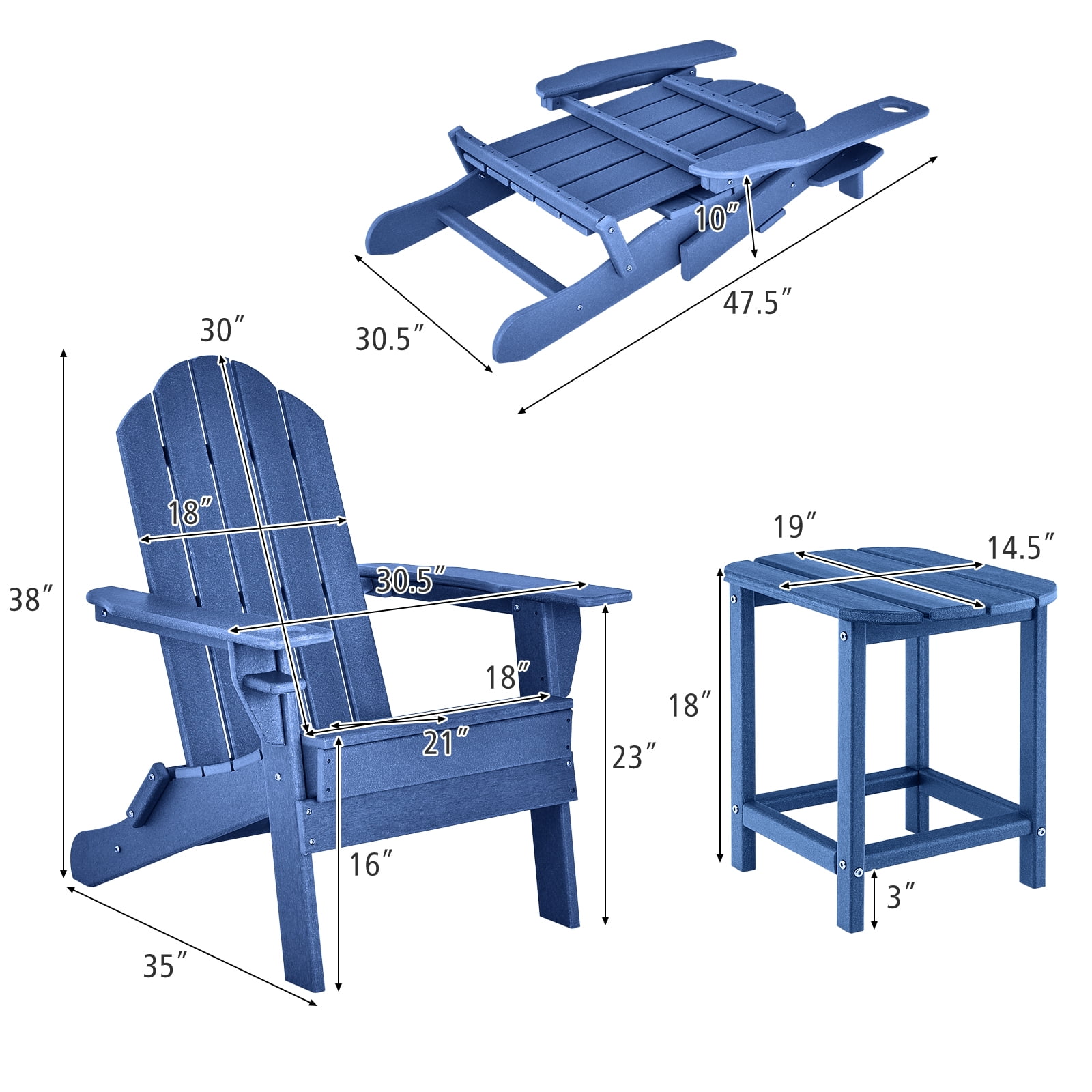 Gymax 2 PCS Patio Folding Adirondack Chair Side Table Cup Holder HDPE Navy