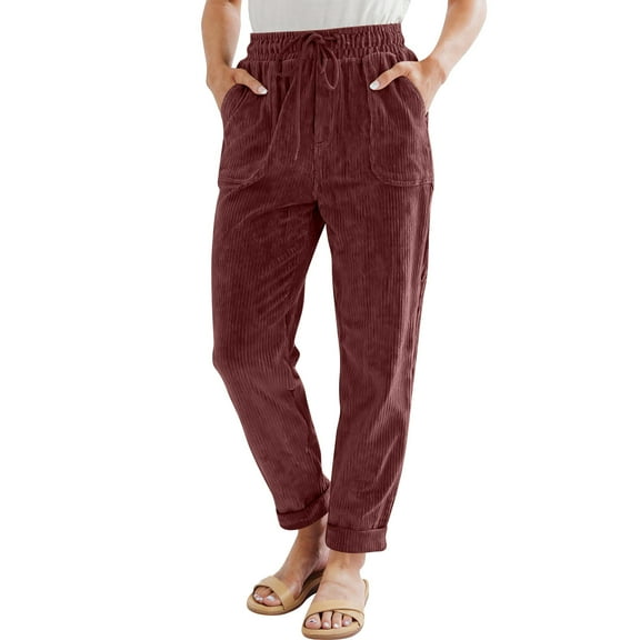 Tianiyouqing Womens Elastic Waist Straight Leg Drawstring Corduroy Pants with Pockets Wine XL