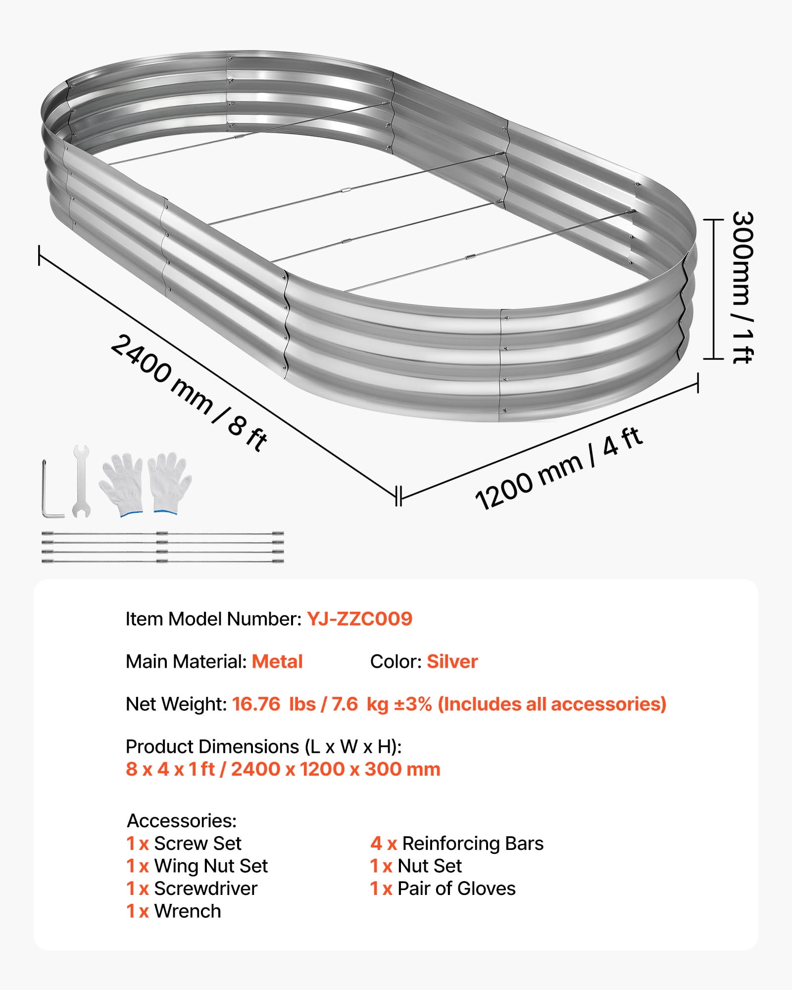 VEVOR Galvanized Raised Garden Bed, 8 x 4 x 1 ft, Oval Metal Planter Box Kit Outdoor, Bottomless Elevated Garden Box with Gloves, Rustproof Alu-Zinc, for Planting Flowers Fruits Vegetables, Silver