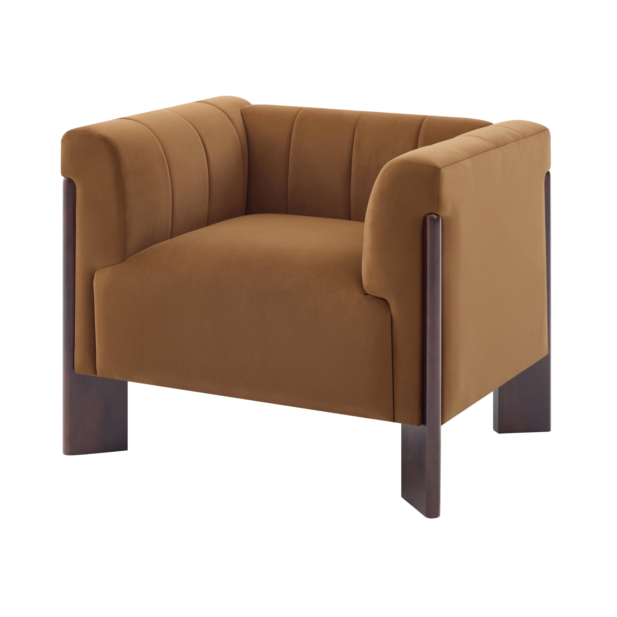 Leumius Modern Accent Chair, Velvet Single Sofa Chair with Tight Back, Round Arms, Vertical Channel Tufted Back and Walnut Rubber Wood Legs for Living Room, Bedroom or Reading Corner, Brown