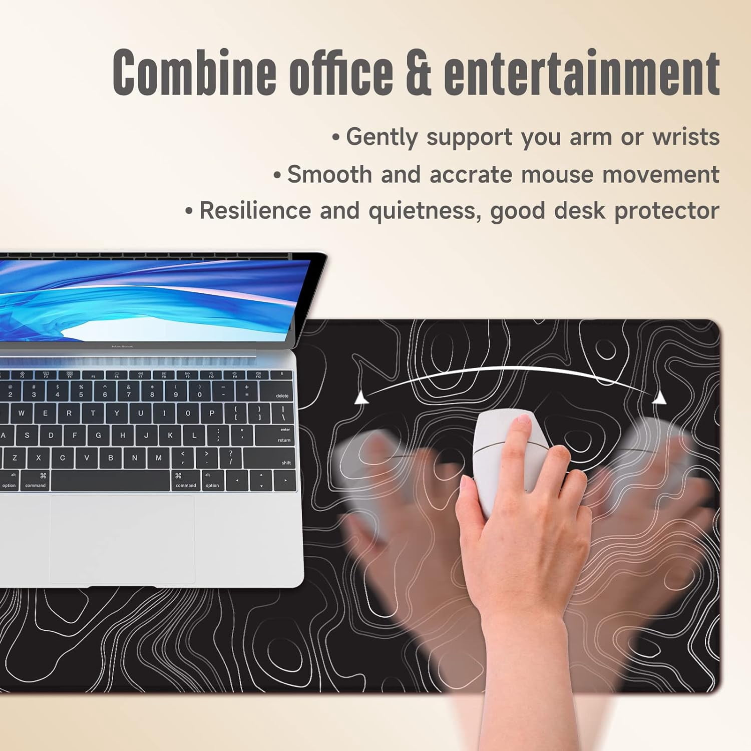 Topographic Map Large Mouse Pad XL Gaming Mouse Pad Extended Geographic Mousepad with Stitched Edges Keyboard Mouse Mat 3mm for Home Office 31.5 x 11.8 Inch, Black Map