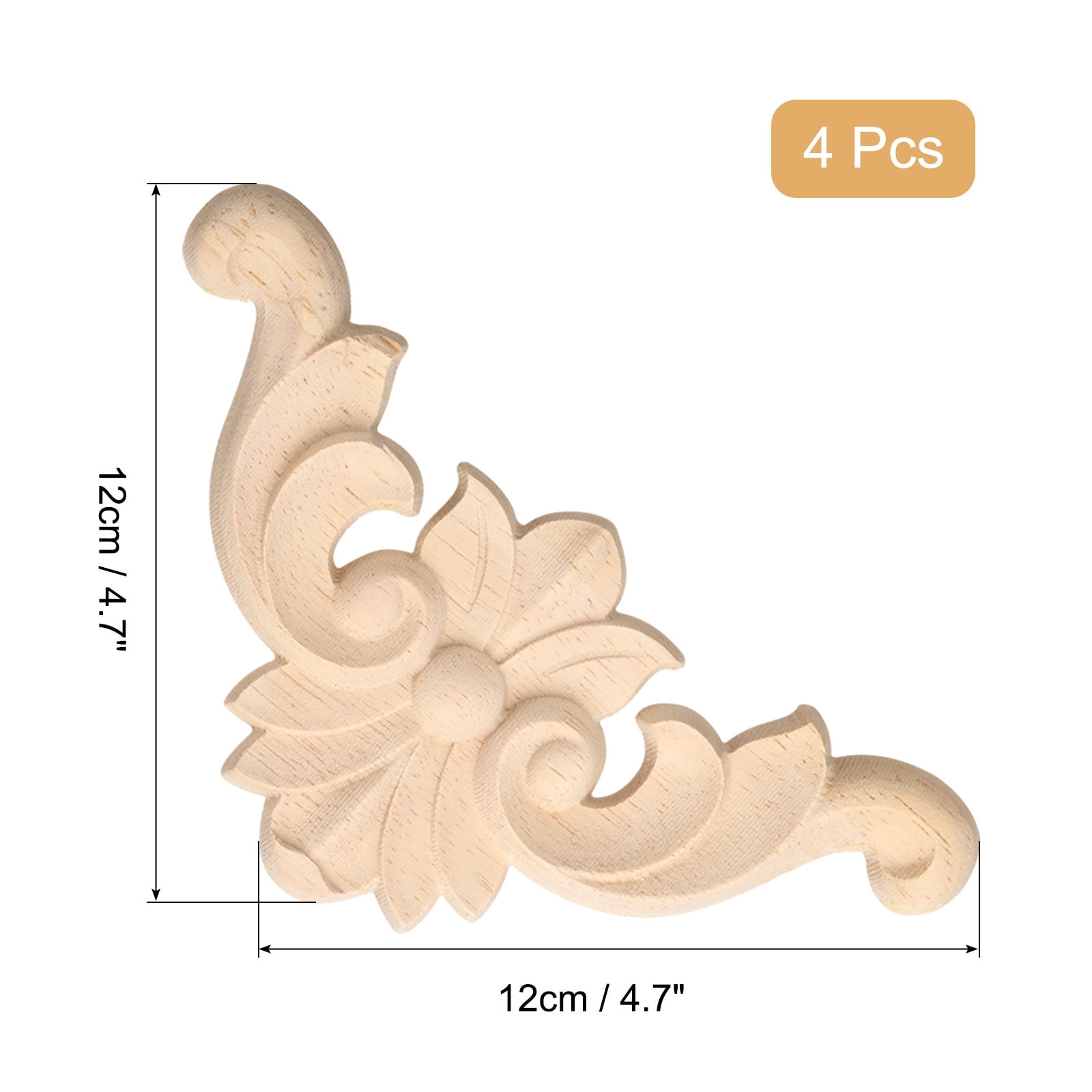 Unique Bargains 4Pcs Unpainted Floral Carved Wood Appliques Onlays 12x12cm