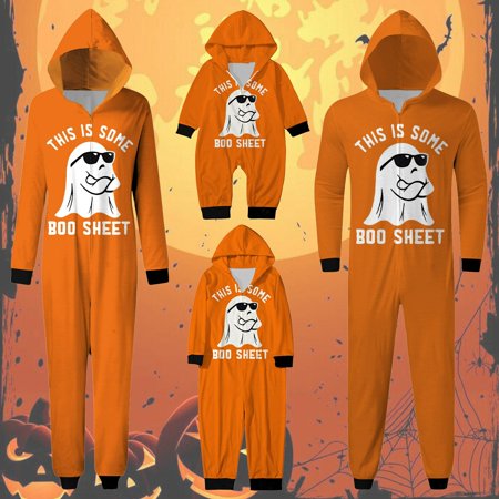 

XUNHAO Matching Halloween Family Pajamas Sets Fashion Halloween Print Loose Comfortable Hooded Zipper Home Romper Pajamas Family Picture Outfits