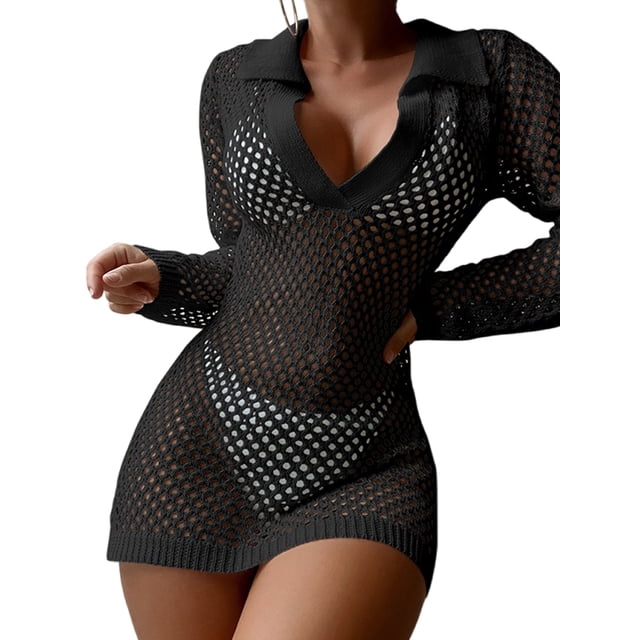 Kmbangi Robe de Plage Creuse en Tricot pour Femmes Manches Longues Col Rabattu Bikini Maillot de Bain