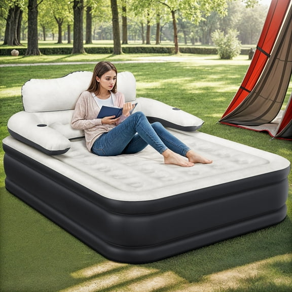 Uforic Queen Size Air Bed with Detachable Headboard & Integrated Pump, 18in Inflatable Mattress with Accessories for Home, Outdoors, and Travel