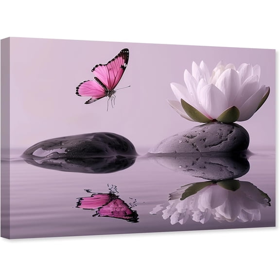 ZHONGYUTONG Zen Wall Art Canvas Lotus Flower and Pink Butterfly Pictures Spa Stones Painting Meditation Spiritual Bathroom Wall Decor Framed (12.00" x 18.00")