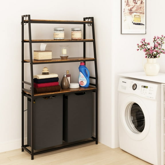 LENLN Laundry Hamper, Laundry Basket Sorter with 4 Tiers Shelf and Hooks, Double Clothes Hampers for Bathroom, Bedroom