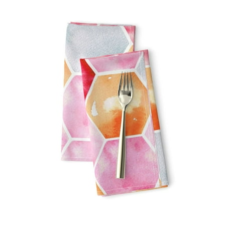

Linen Cotton Canvas Dinner Napkins (Set of 2) - Texas Midcentury Modern Honeycomb Pink Hexagon Watercolor Orange Print Cloth Dinner Napkins by Spoonflower