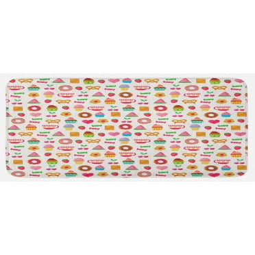 Tea Party Kitchen Mat, Sweets Candies Cookies Fruit and Other Things Cheerful Composition, Plush Decorative Kitchen Mat with Non Slip Backing, 47" X 19", Multicolor, by Ambesonne