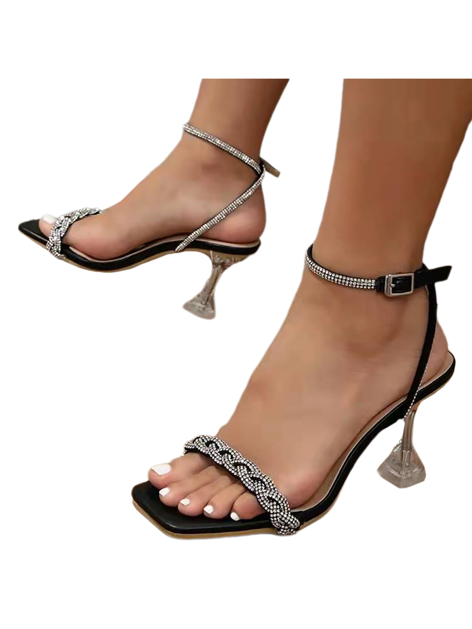 Womens Ankle Strap Curved Heel Sandals Ladies Square Toe Buckle Party Shoes Size