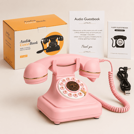 Audio Guest Book Wedding Phone, Vintage Voice Message Recorder Telephone with Premium Gift Box, 500H Capacity, Rechargeable Leave a Message Phone for Weddings, Bridal Shower, Birthday
