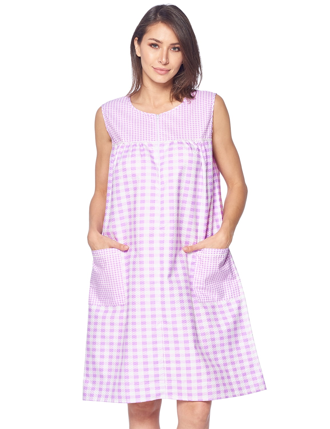 Casual Nights Women's Zipper Front House Dress Sleeveless Seersucker