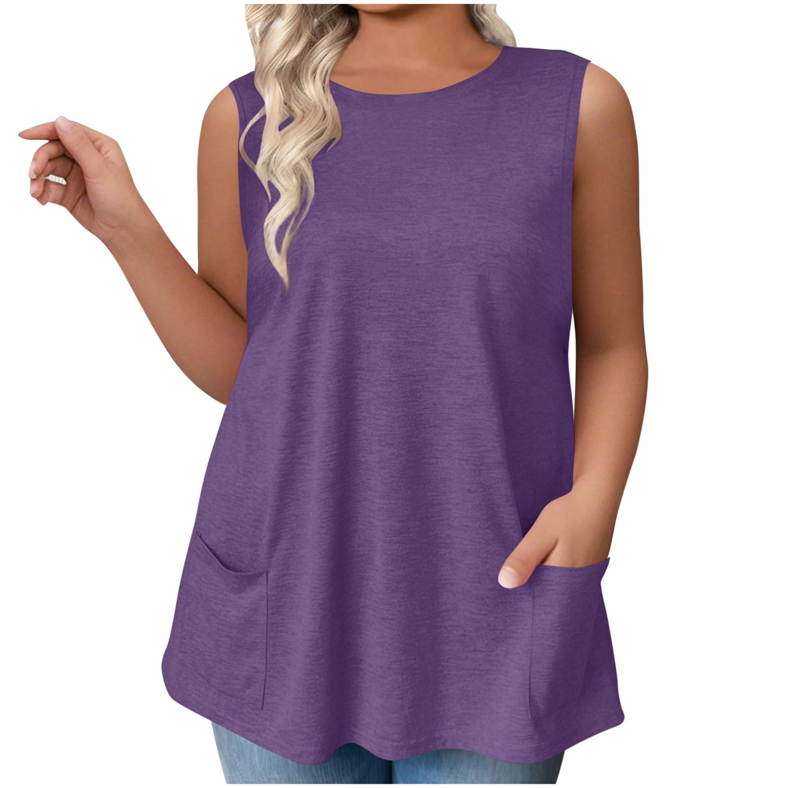 2 Pack ylioge L-4X Womens Plus Size Tank Tops with Pockets Sleeveless Crewneck Vests Ladies Casual Solid Color Loose Pullover Going-Out Loungewear Cami Top