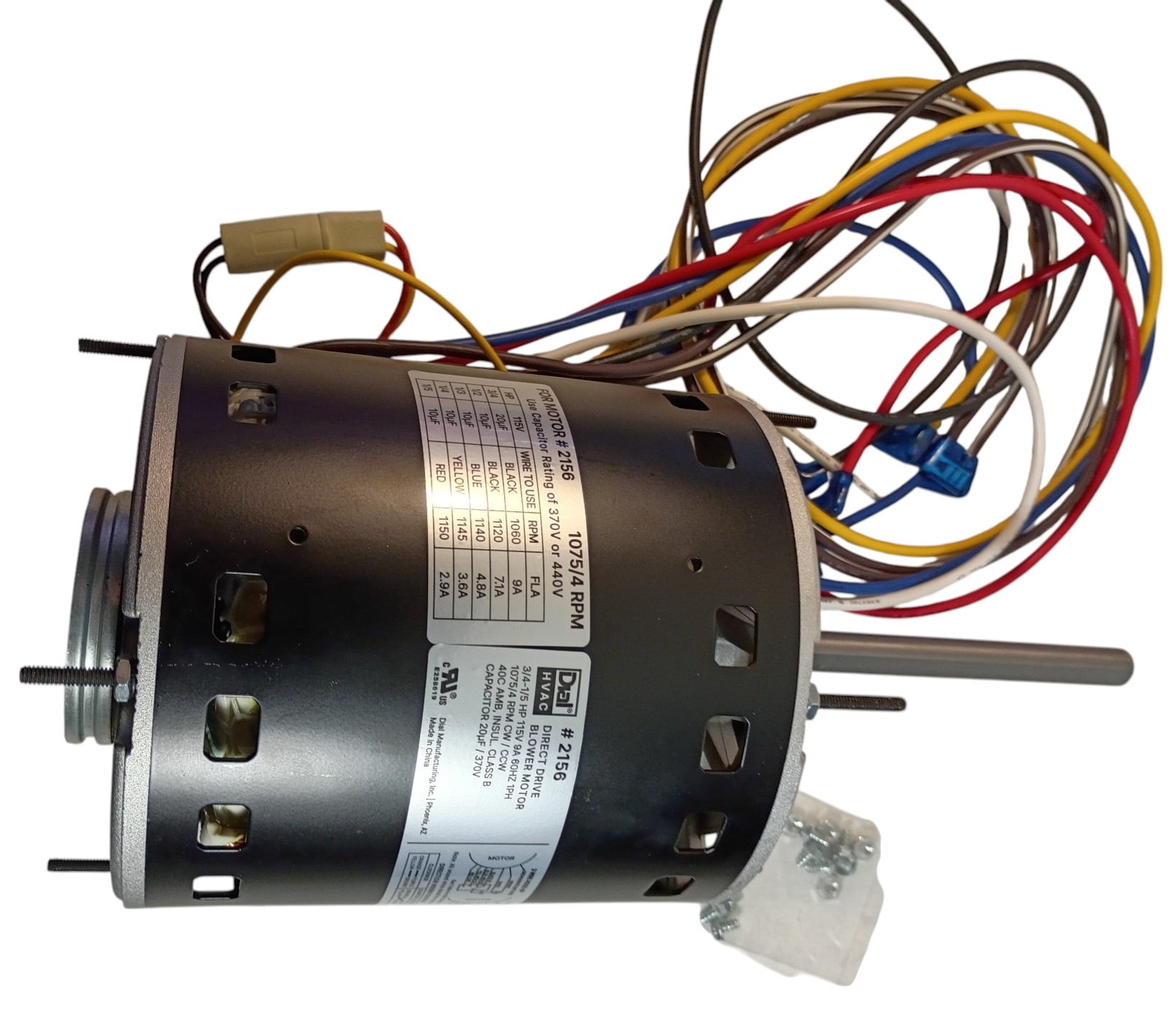 5.6" Dia., 3/4–1/5 HP, 115V, 4 Speed, 1075 RPM Direct Drive Blower Motor, 2156