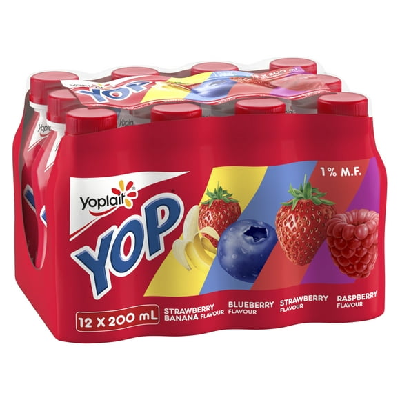 Paquet de yogourts à boire Yoplait Yop 1 %, fraises, bleuets, framboises et fraises-bananes, boissons au yogourt, 200 mL, 12 unités 12 x 200 mL
