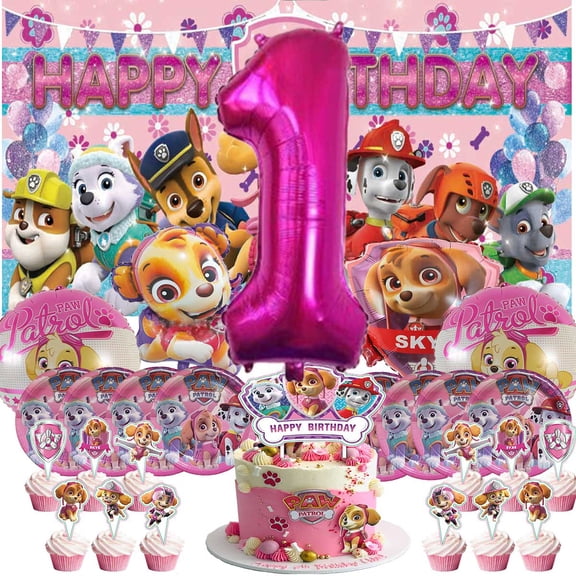 Paw Patrol Girl Fight 1st Tableware Balloons Cake Toppers Backdrop Banner Supplies Party Decor Plates Decorations
