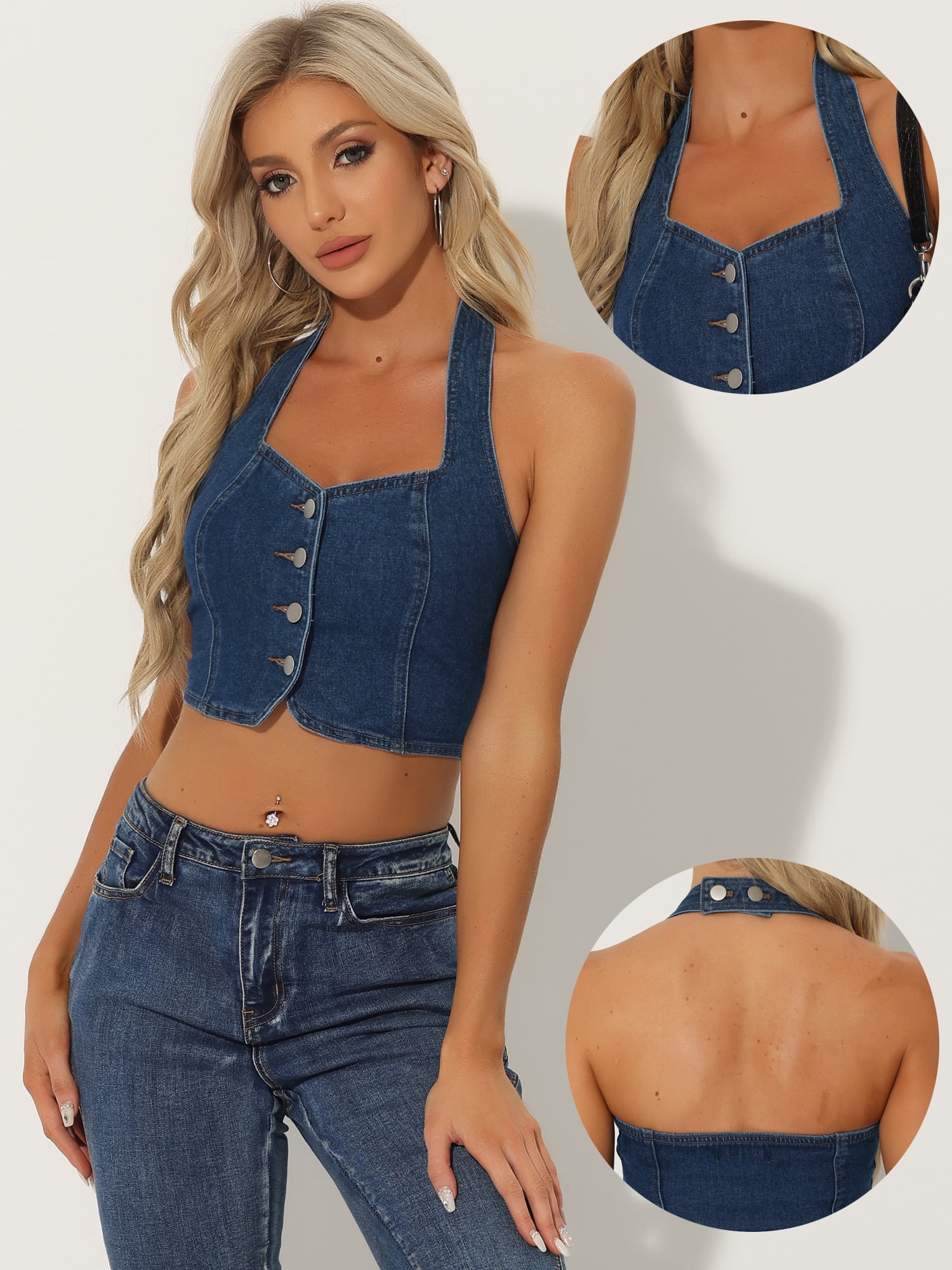 DARING DIVA Women's Button Front Halter Denim Crop Tank Tops L Dark Blue