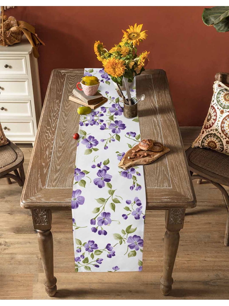 Table Runner Dresser Scarf 16 x 72 Inch Purple Floral Green Leaf Spring Pastoral Style Table Runners Non-Slip Heat Kitchen Dining Table Decor for Indoor Outdoor Home Party Decoration