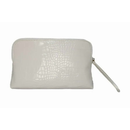RittZi Snow Royale Crocodile Cosmetic Bag - Luxury White Vegan Leather Makeup Bag With Royal Blue Interior Lining