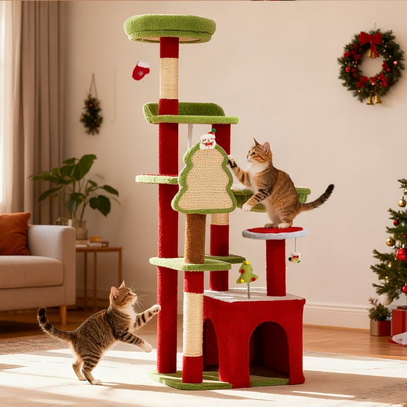 PERIMIDOME 55” Large Cat Tree Tower for Indoor Cats, Multi-Level Cat Furniture with Condo, Hammock & Scratching Posts, Christmas Edition