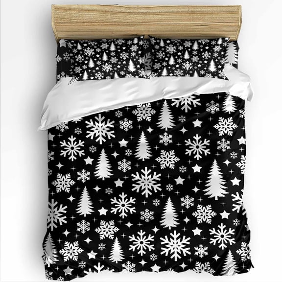 Christmas Tree King Size Comforter Set, Winter Snowflakes Stars White Black Soft Bedding for All Seasons, 4 Pcs Bed Set with 1Comforter (90"x106") ,1 Sheet(94"x116"), 2 Pillowcases (19"x35")