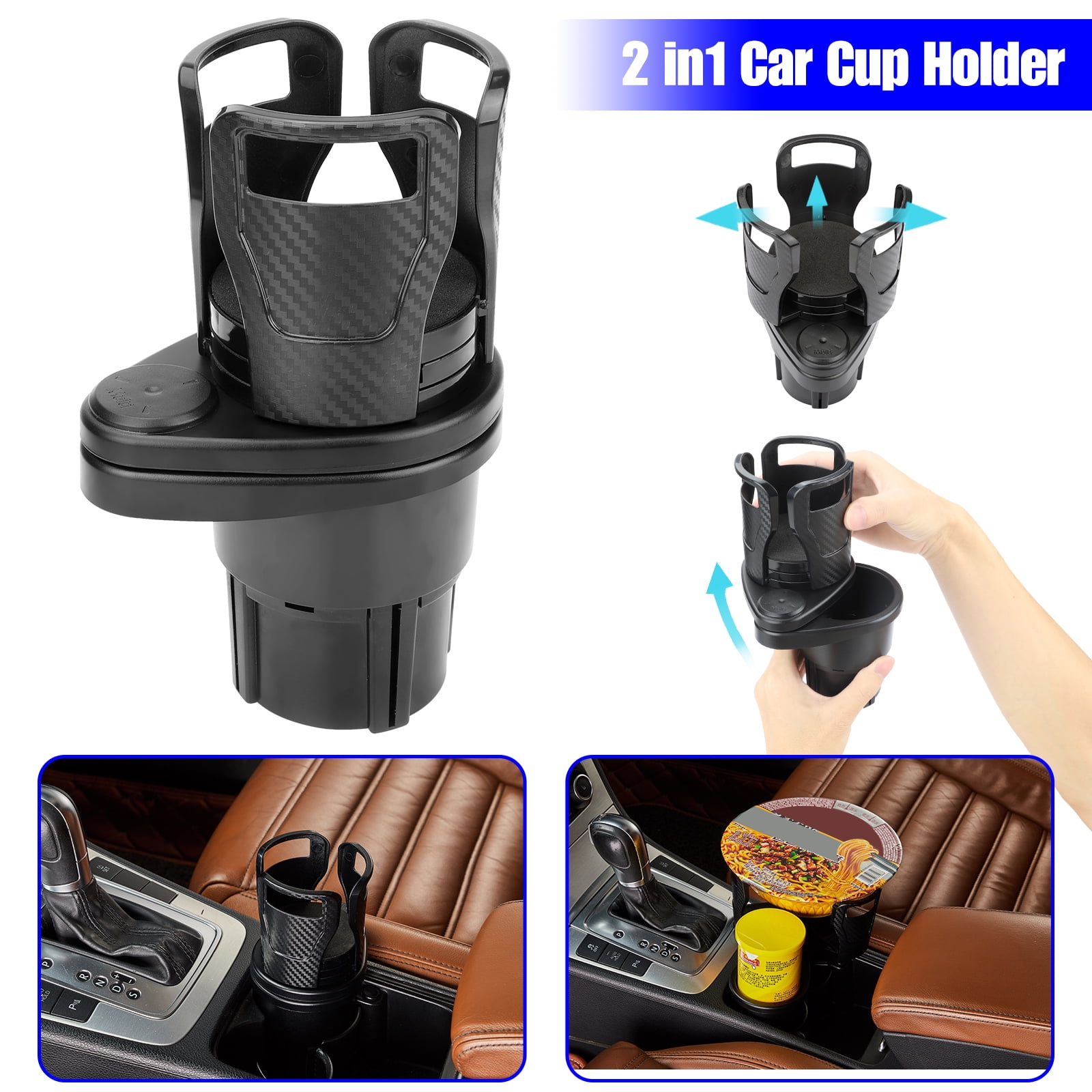 All Purpose Car Cup Holder and Organizer Mount Extender with 360° Rotating Adjustable Base Coffee Drinks Bottles Storage Rack Carbon Fiber RFVTGB 2 in 1 Car Cup Holder Expander Adapter 