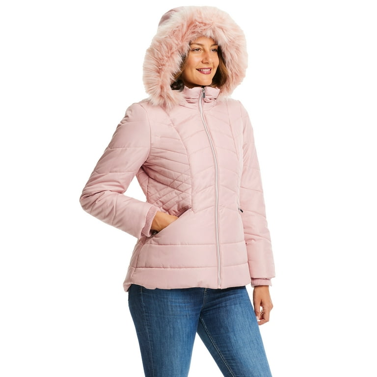 Details Women's Quilted Puffer Jacket with Faux Fur Trim