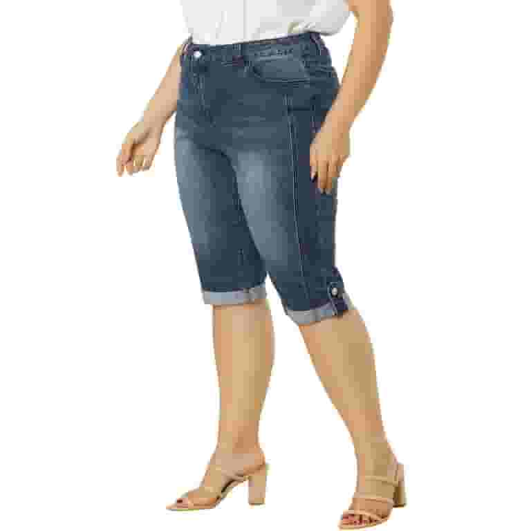 【KOOLOSET】Non-Fade Maxi Roll-Up Bermuda Denim MODA NOVA Juniors Plus Size Rolled Hem Mid-Rise Knee Length