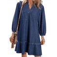 thumbnail image 3 of Denim Dress for Women Summer Casual Babydoll 2025 V Neck 3/4 Puff Sleeve Jean Dresses Dark Blue XXL, 3 of 7