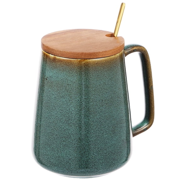 24oz Large Ceramic Coffee Mug with Spoon and Wood Lid Coffee Cup Large Handle Design Tea Cup Microwave and Dishwasher Safe Mug for Coffee Tea Cocoa Milk