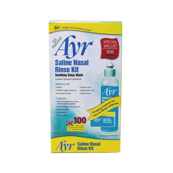 AYR Saline Nasal Rinse Kit, Soothing Sinus Wash, Multi-Use Kit for Adults & Children Ages 6 , 100 ct