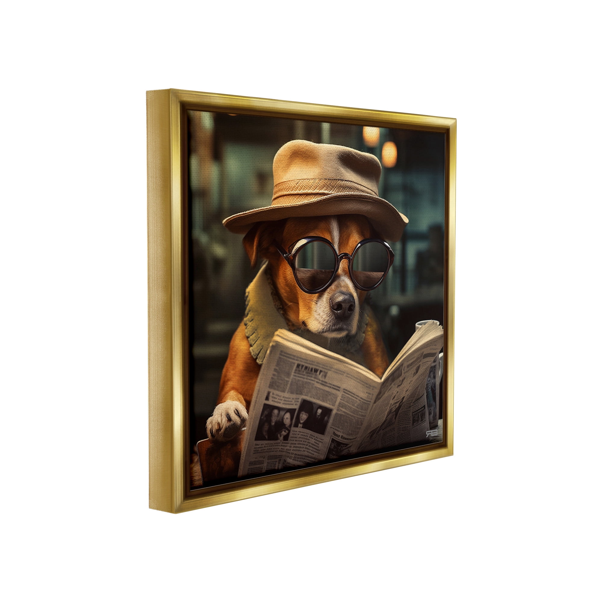 Stupell Industries Dog Reading Newspaper Animals & Insects Painting Gold Floater Framed Canvas Art Print Wall Art, 18 x 18