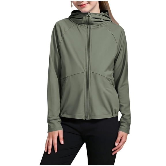 Atogsazn Kids Girls Sunscreen Jacket Lightweight Long Sleeve Zip Up Hoodies Sun Protection Outwear Clothing 01-Army Green 14-15 Years Fashion