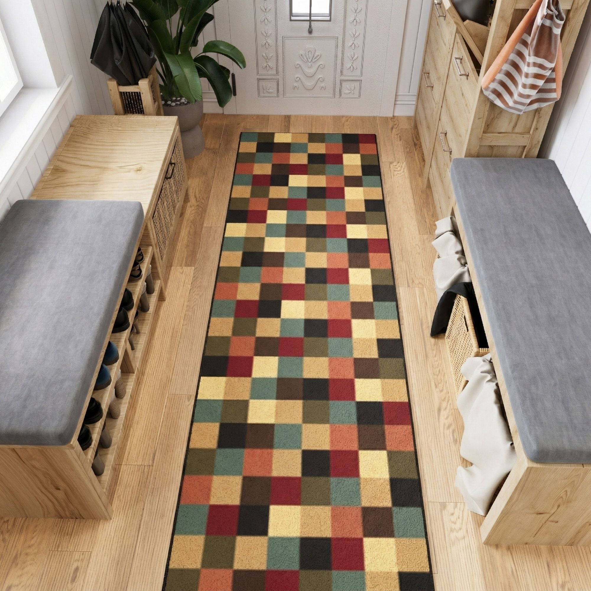 Ottomanson Extra Long Runner Rug 2'7" x 15' – Non-Slip Low Pile Hallway Carpet, Checkered Multicolor