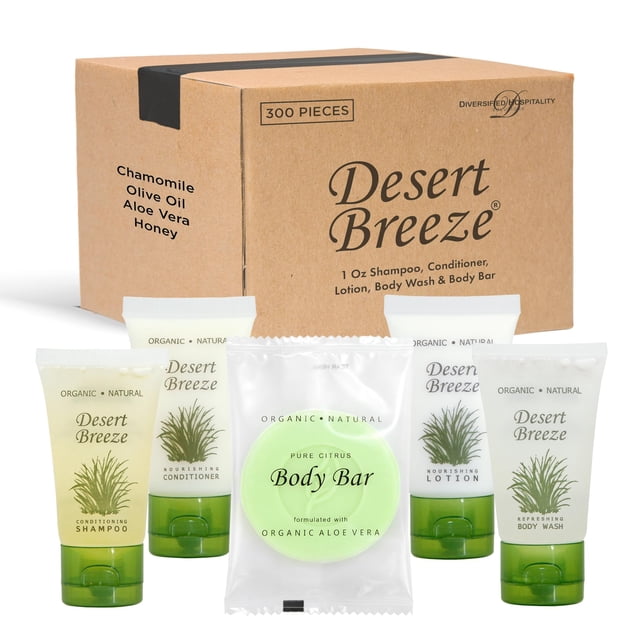 Juego a granel de jabones y artículos de tocador para hotel Desert Breeze | Champú y acondicionador de hotel de 1 oz, loción corporal y jabón en barra | Artículos de tocador tamaño viaje 300 piezas