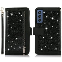 Galaxy S21 FE Case Wallet with Card Holder, Dteck Bling Glitter Leather Magnetic Stand Flip Case Zipper Purse Handbag Clutch with 9 Card Slots & Strap for Samsung Galaxy S21 FE 5G, Black